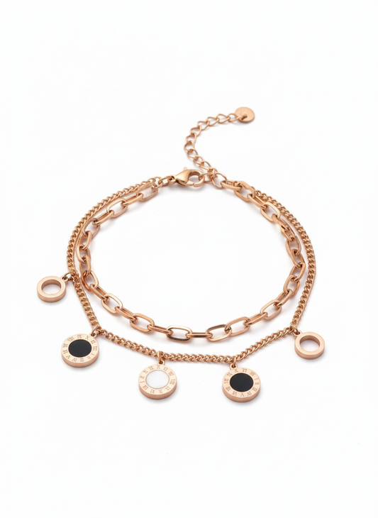 Rose Gold Roman Numeral Bracelet – Double Chain with Black & White Enamel Charms by AurviJewelry