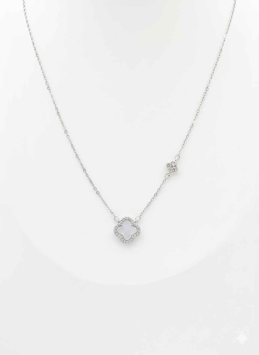 Silver Clover Pendant Necklace – Silver Chain with CZ Border