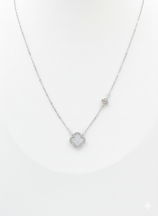 Silver Clover Pendant Necklace – Silver Chain with CZ Border