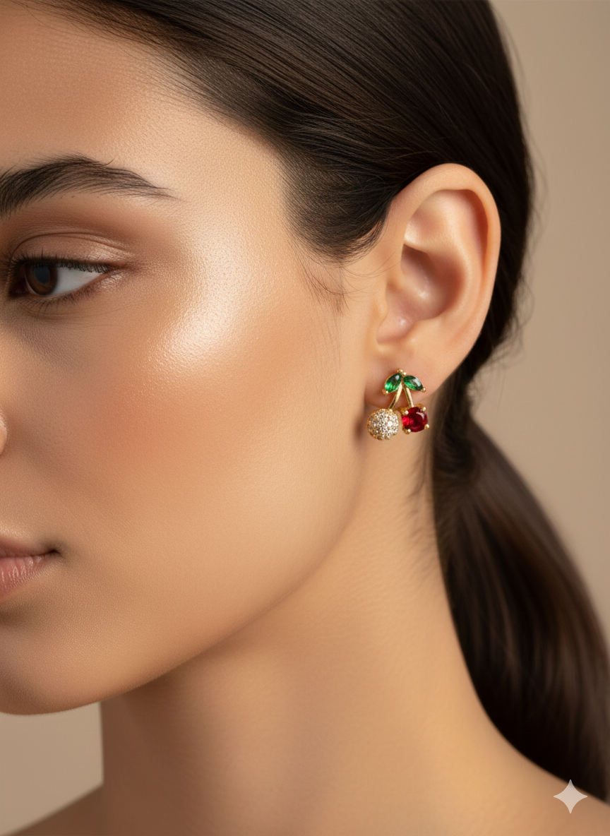 Vintage 18K Gold Plated Cherry Stud Earrings – Red & Green CZ Fruit Piercing Studs AurviJewelry