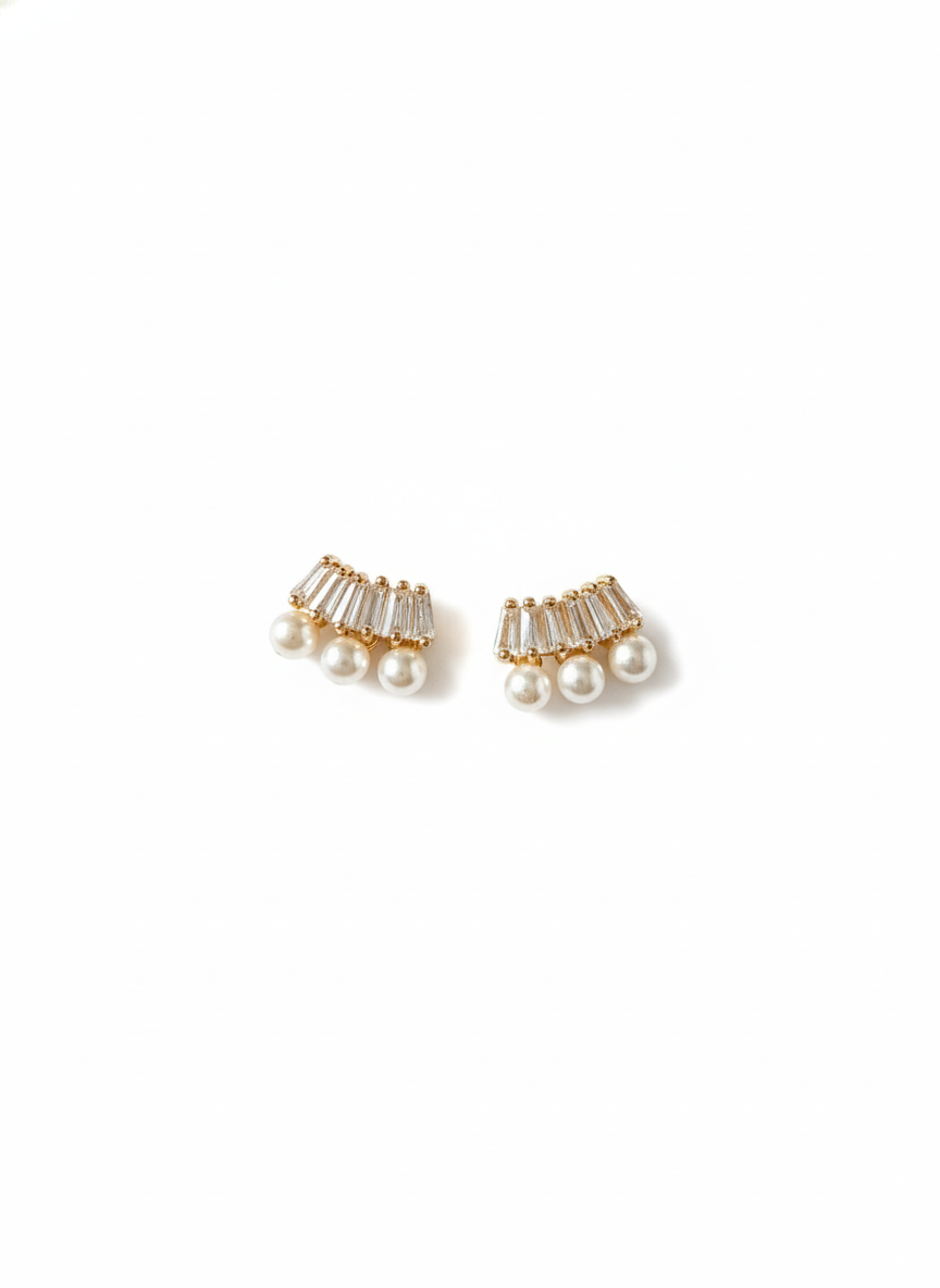 Pearl & Baguette Crystal Stud Earrings Vintage 18K Gold Plated AurviJewelry