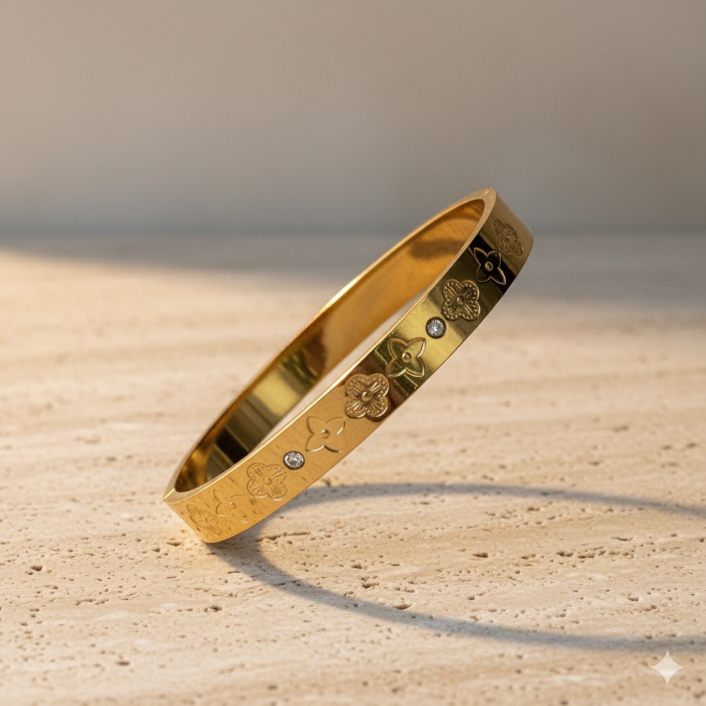 Gold Clover Engraved Bangle – CZ Accent Bracelet for Women by AurviJewelry