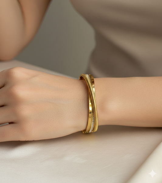 Gold Crossover Bangle – Triple Band Bracelet with CZ Accents by AurviJewelry