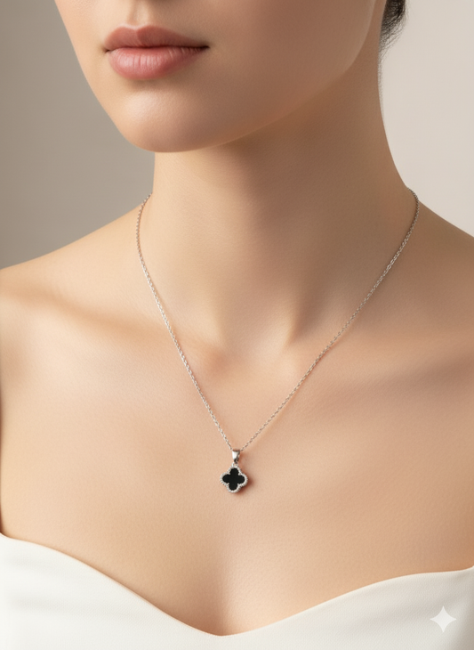 Black Clover Pendant Necklace – Sterling Silver with Zirconia Border