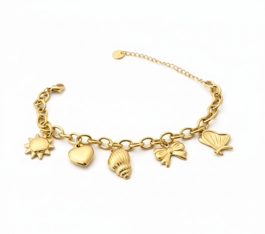 Gold Charm Bracelet 18K Gold Plated – Sun, Heart, Shell, Butterfly