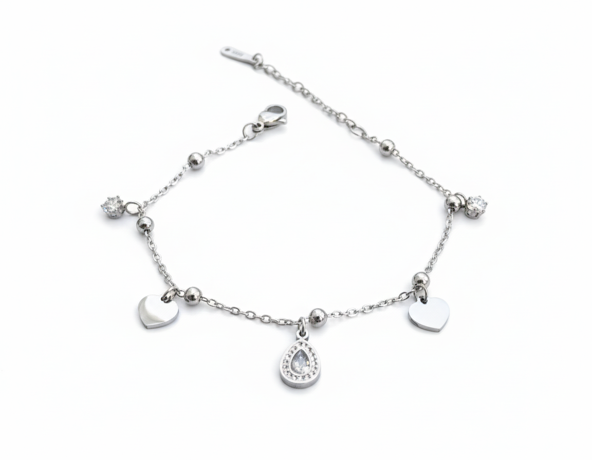 Silver Heart Charm Bracelet – Dainty Chain with Teardrop CZ Pendant