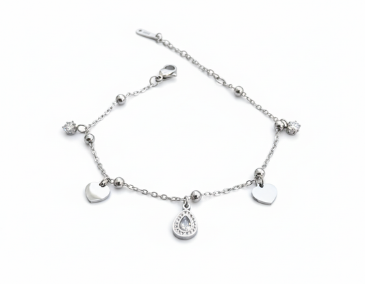 Silver Heart Charm Bracelet – Dainty Chain with Teardrop CZ Pendant