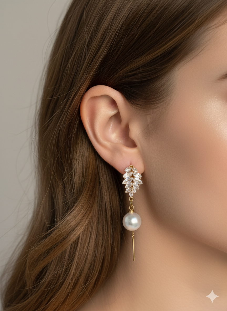 Vintage Pearl Drop Earrings 18K Gold Plated – Crystal Leaf Dangle Bridal Jewelry for Women