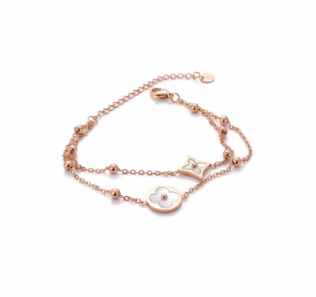 Rose Gold Clover & Star Bracelet – Double Chain with White Enamel Charms by AurviJewelry