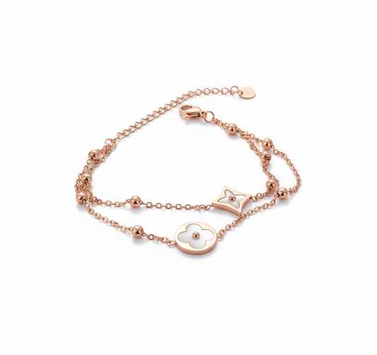 Rose Gold Clover & Star Bracelet – Double Chain with White Enamel Charms by AurviJewelry