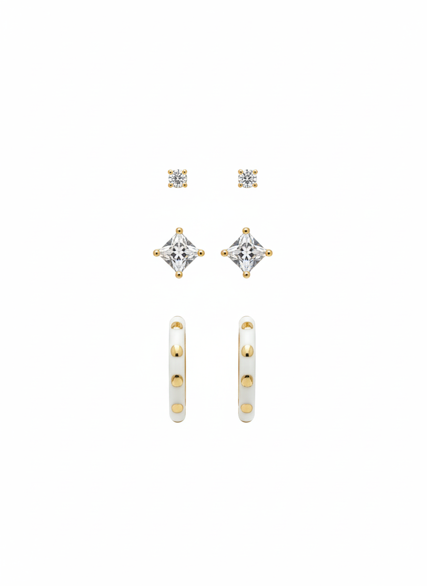 3-Pair 18K Gold Plated Piercing Earrings Set – Crystal Studs, Princess-Cut Studs & White Enamel Bar Hoops AurviJewelry