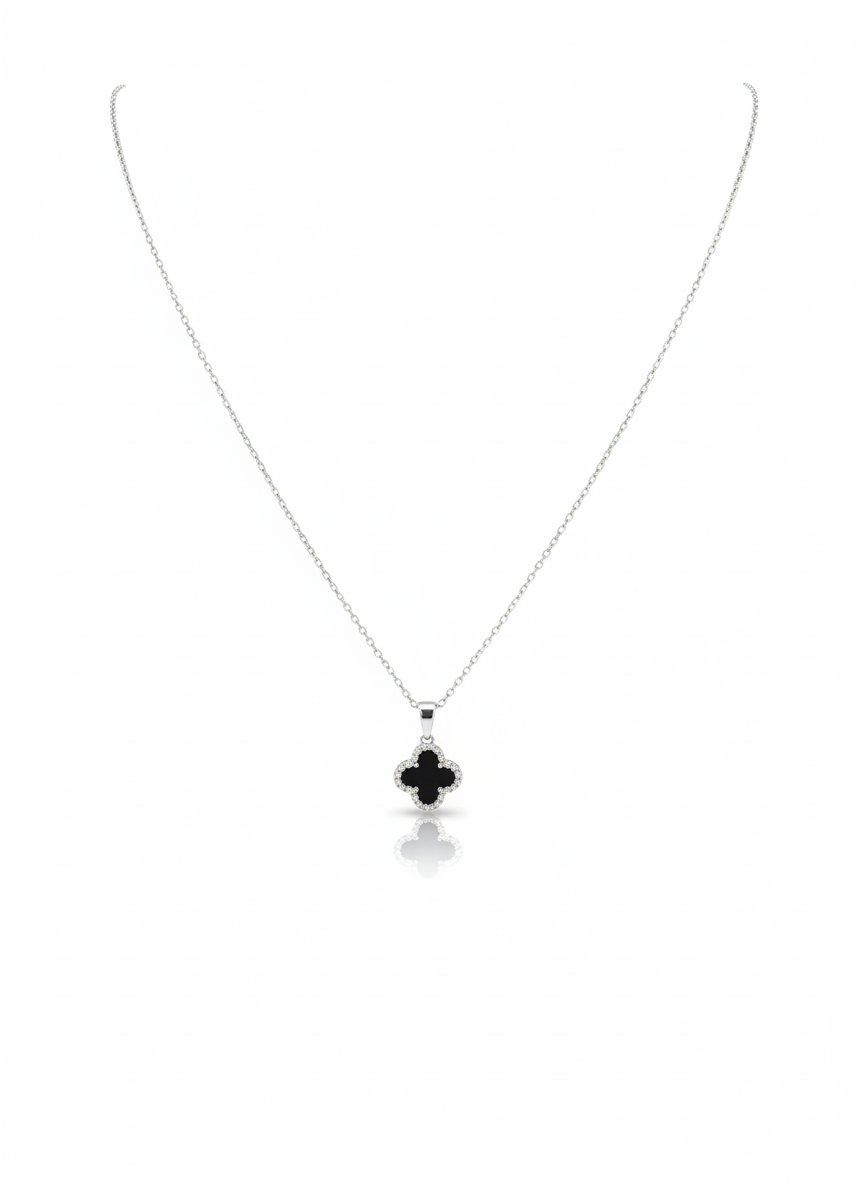 Black Clover Pendant Necklace – Sterling Silver with Zirconia Border
