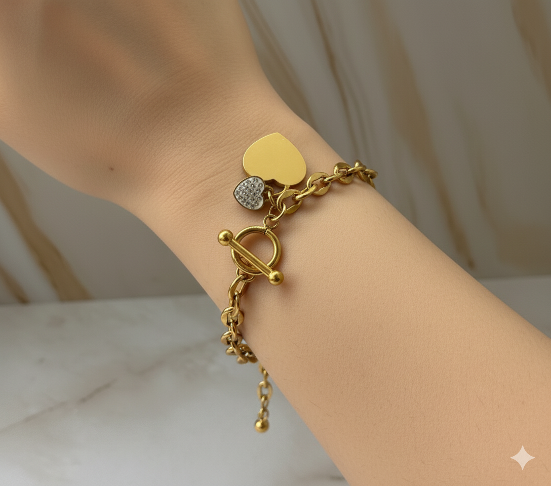 Vintage Heart Charm Bracelet 18K Gold Plated – Toggle Chain Link Jewelry