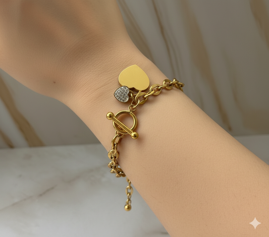 Vintage Heart Charm Bracelet 18K Gold Plated – Toggle Chain Link Jewelry