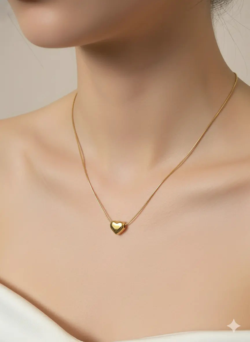 Small Puffed Heart Necklace, 18K Gold Plated - AurviJewelry