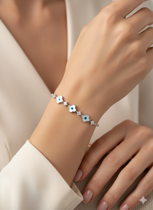 Silver Clover Charm Blue Evil Eye Bracelet