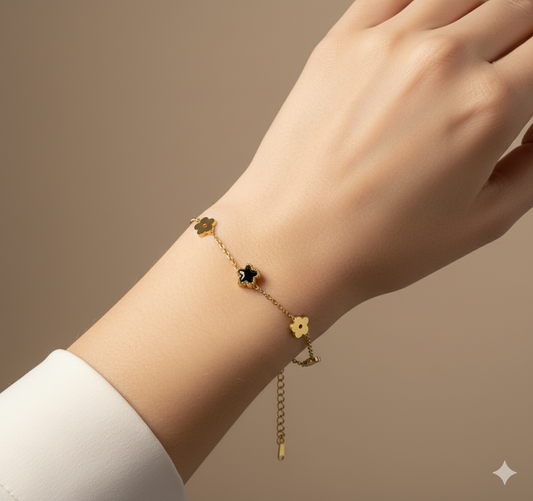 Gold Clover Charm Bracelet – Black Clover Accent Dainty Jewelry for Women