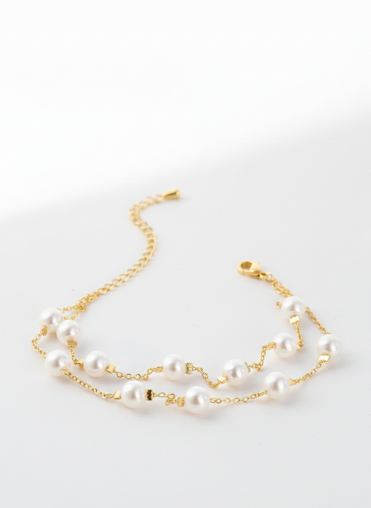 Gold Pearl Bracelet – Double Layer Chain with Dainty Pearls by AurviJewelry