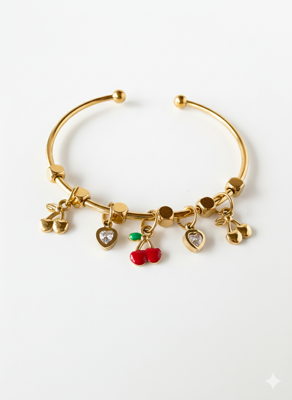 Vintage Gold Plated Charm Bracelet Cherry Heart Dangle Adjustable Cuff Bracelet AurviJewelry