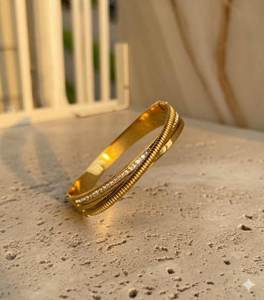 Gold Crossover Bangle – Triple Band Bracelet with CZ Accents