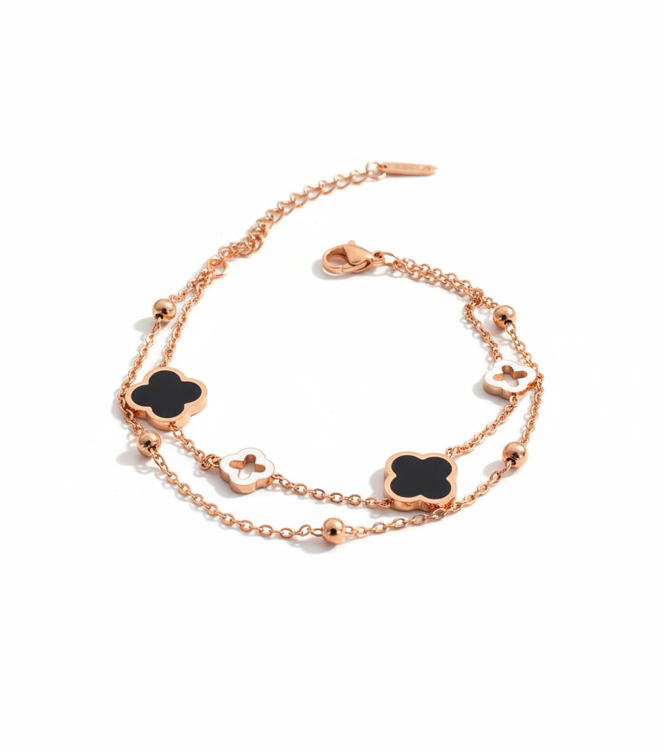 Rose Gold Clover Bracelet – Double Chain with Black & White Enamel Charms by AurviJewelry