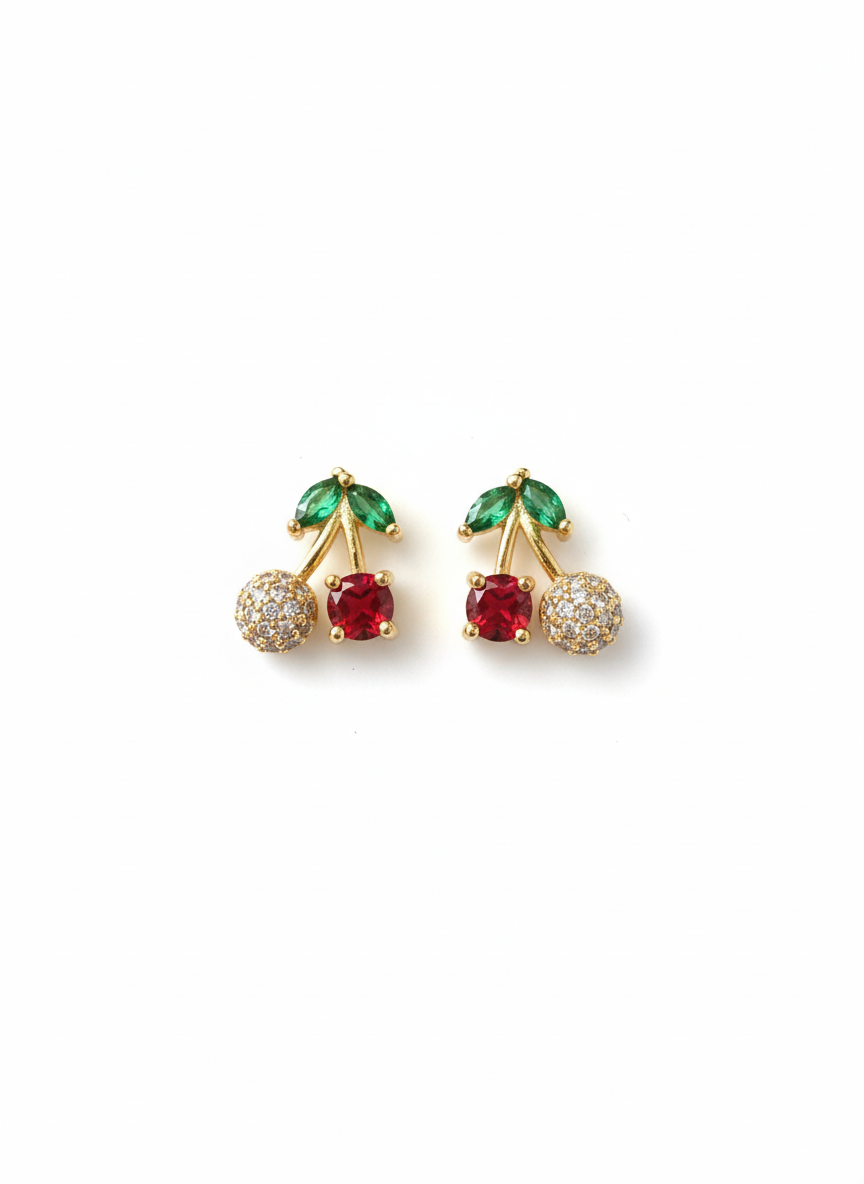 Vintage 18K Gold Plated Cherry Stud Earrings – Red & Green CZ Fruit Piercing Studs AurviJewelry