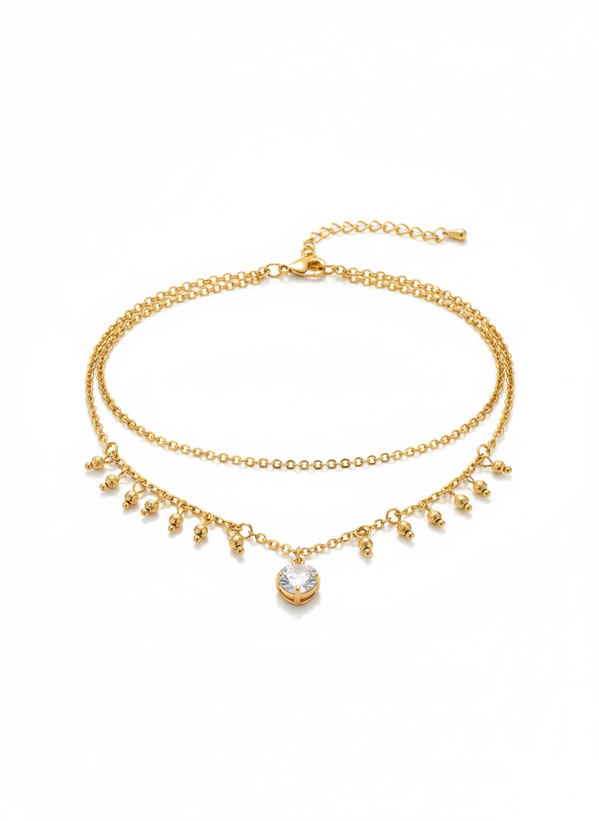 Gold Anklet – Double Layer Chain with Bead Charms & CZ Crystal