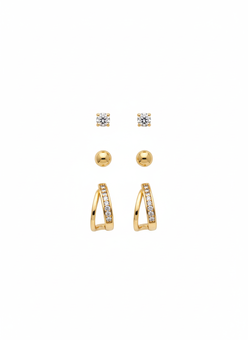 3-Pair 18K Gold Plated Piercing Earrings Set AurviJewelry