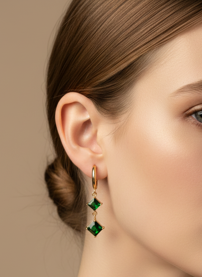Emerald Green Drop Hoop Earrings, 18K Gold Plated AurviJewelry
