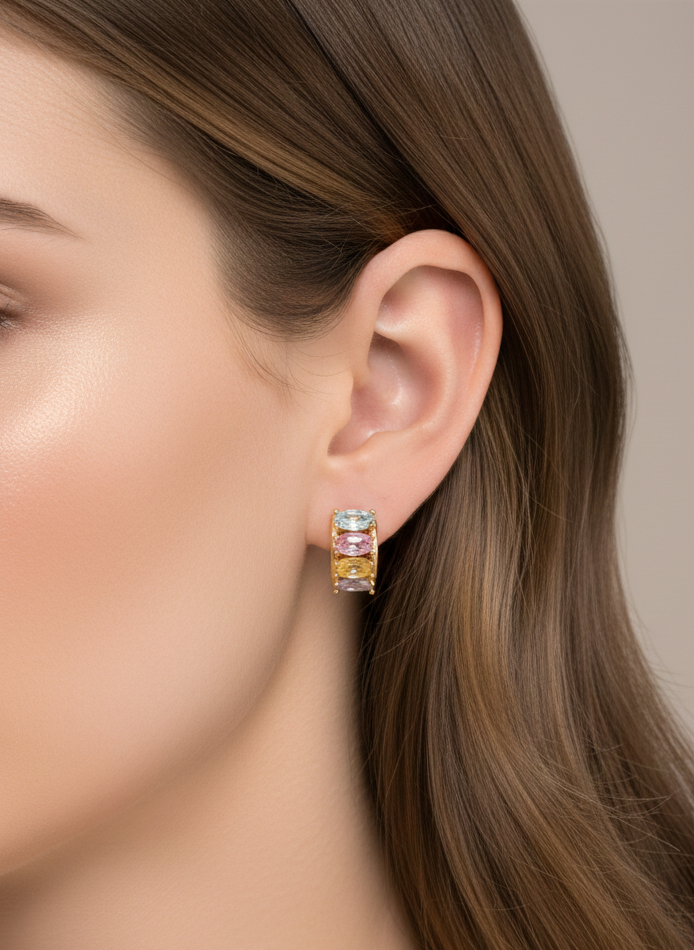 Colorful Crystal Half Hoop Earrings, 18K Gold Plated Rainbow Stone Hoops AurviJewelry
