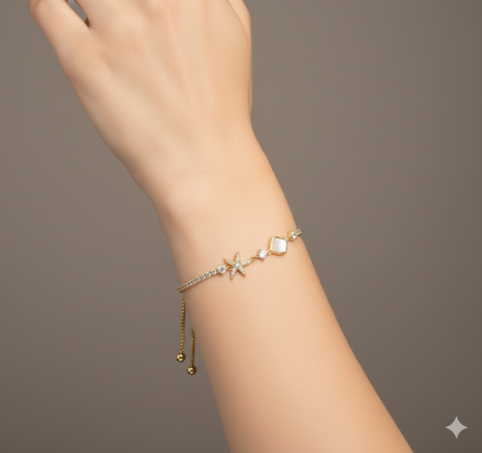Gold Starfish Tennis Bracelet – Adjustable CZ Chain with Shell Charm