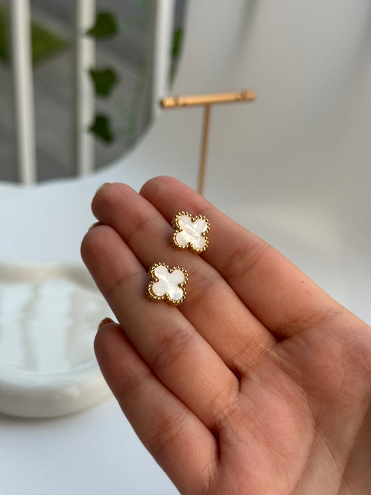Clover Stud Earrings – White & Black Enamel in Gold Setting