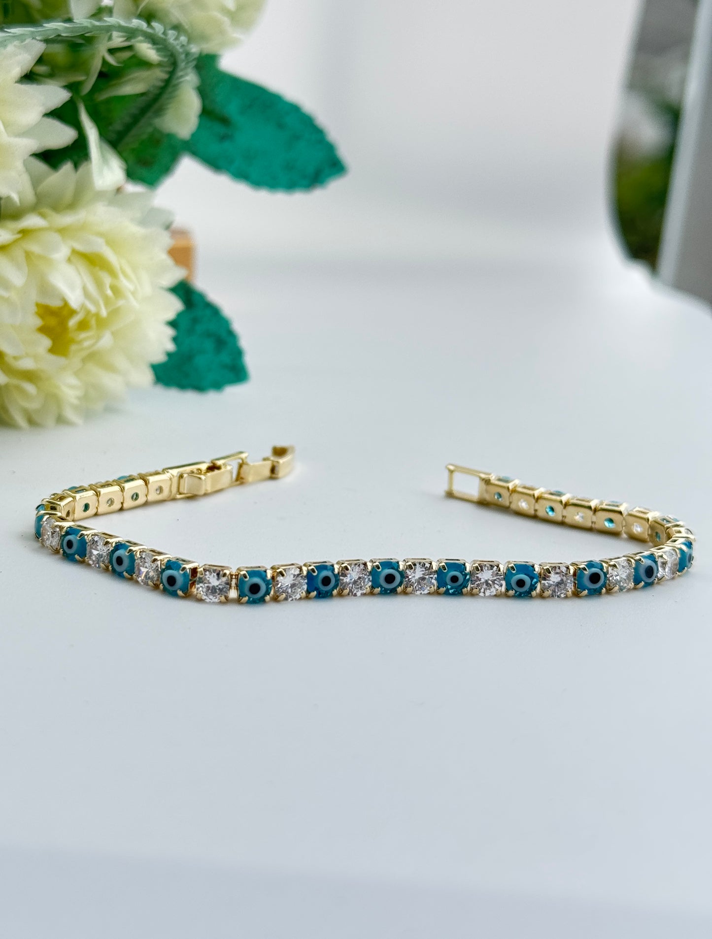 Gold Evil Eye Tennis Bracelet – CZ Diamond Protection Jewelry for Women