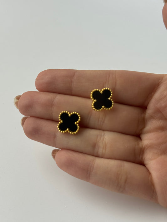 Clover Stud Earrings – White & Black Enamel in Gold Setting