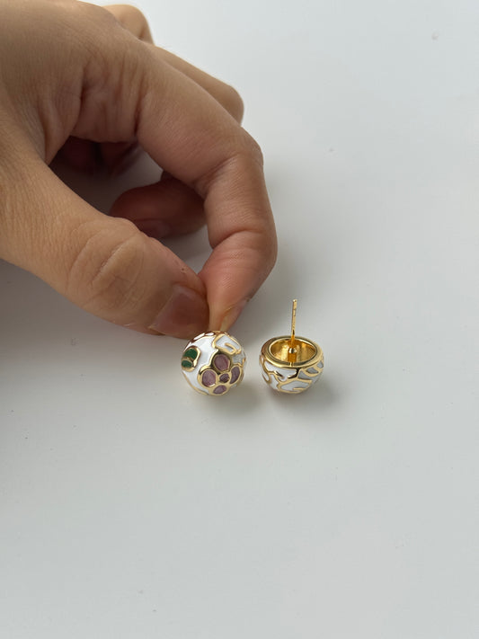 Enamel Floral Stud Earrings – White & Gold with Colorful Accents