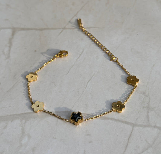 Gold Clover Charm Bracelet – Black Clover Accent Dainty Jewelry for Women
