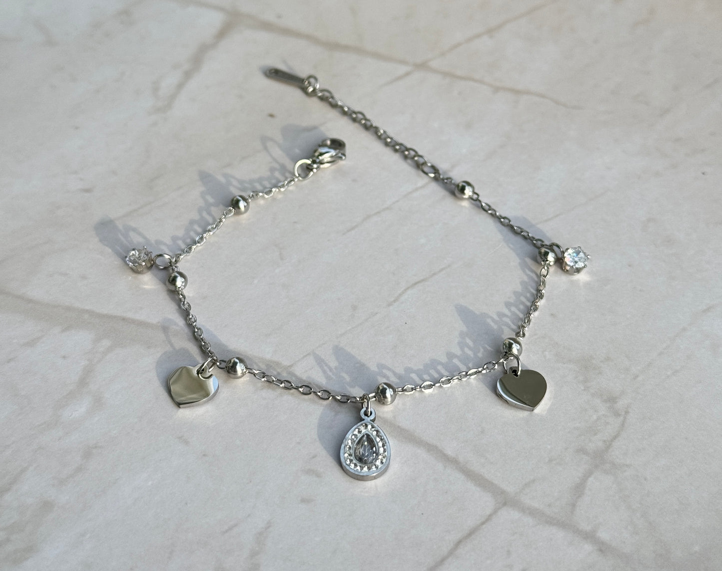Silver Heart Charm Bracelet – Dainty Chain with Teardrop CZ Pendant