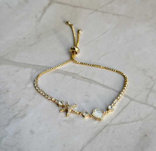 Gold Starfish Tennis Bracelet – Adjustable CZ Chain with Shell Charm