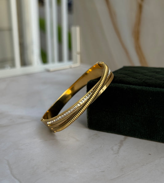 Gold Crossover Bangle – Triple Band Bracelet with CZ Accents
