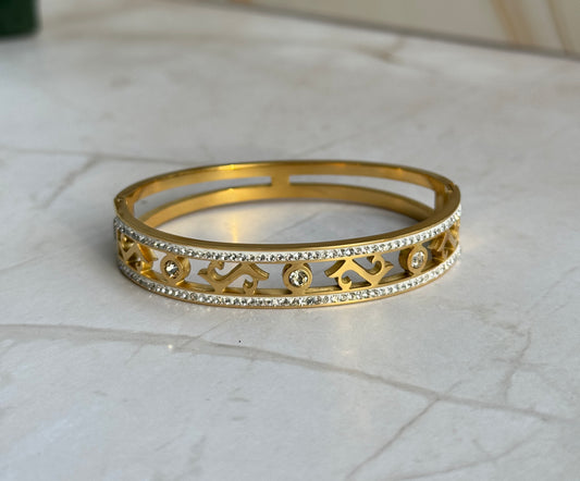 Gold Cutout Bangle – CZ Accent Bracelet with Pavé Edges