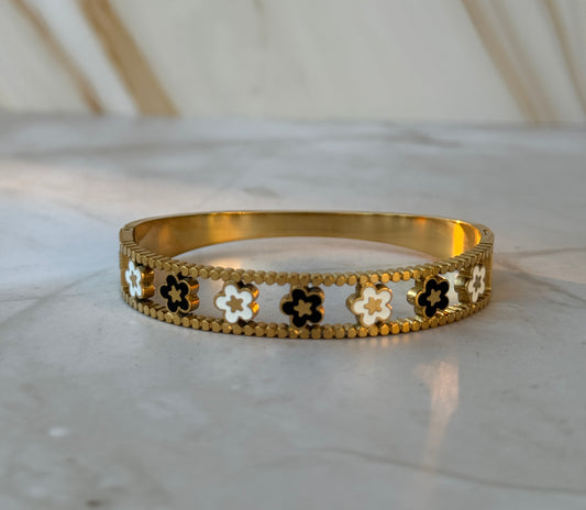 Gold Clover Enamel Bangle – Black & White Clover Pattern Bracelet