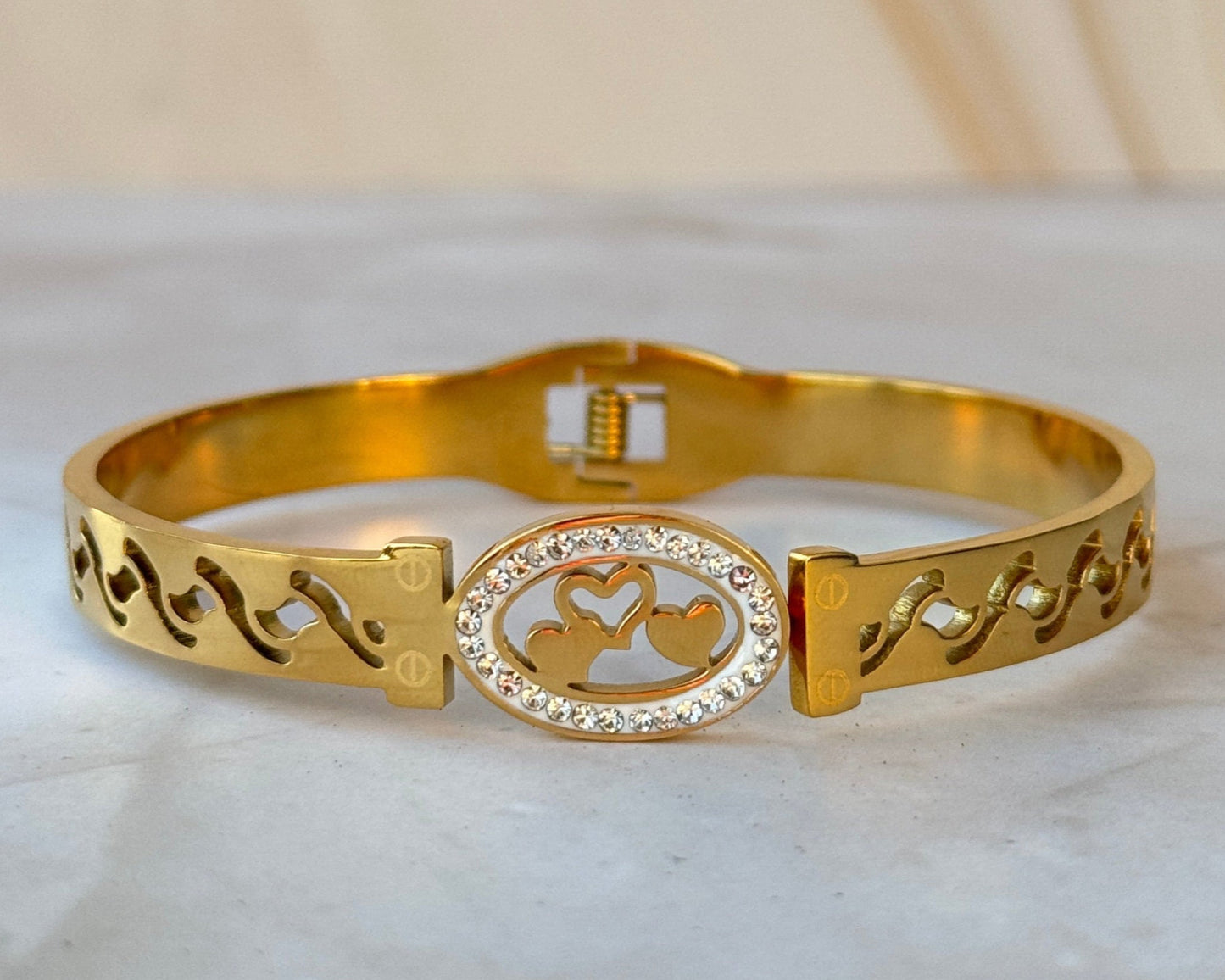 Gold Heart Bangle – CZ Oval Center with Heart Cutout Design