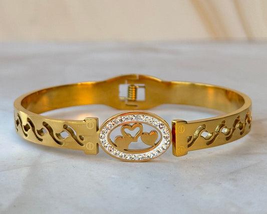 Gold Heart Bangle – CZ Oval Center with Heart Cutout Design