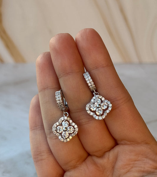 Clover Drop Earrings – Pavé Hoop with Cubic Zirconia Pendant