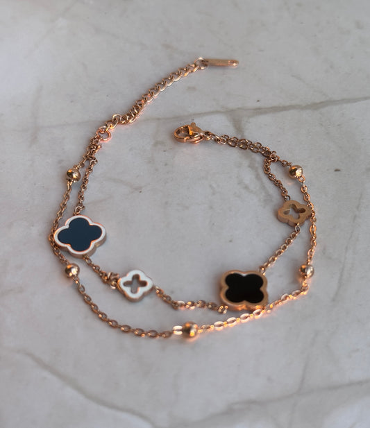 Rose Gold Clover Bracelet – Double Chain with Black & White Enamel Charms