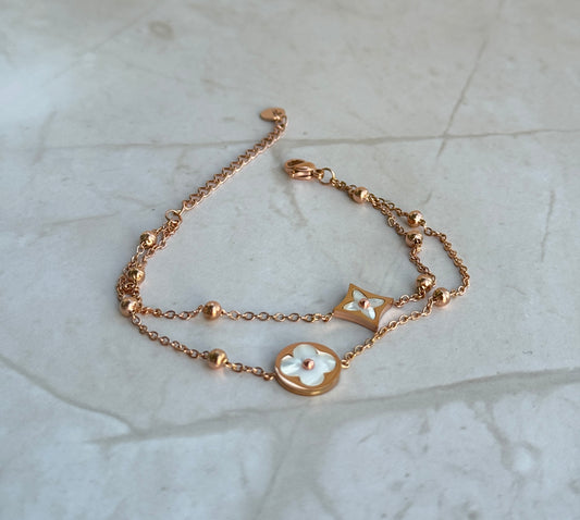 Rose Gold Clover & Star Bracelet – Double Chain with White Enamel Charms