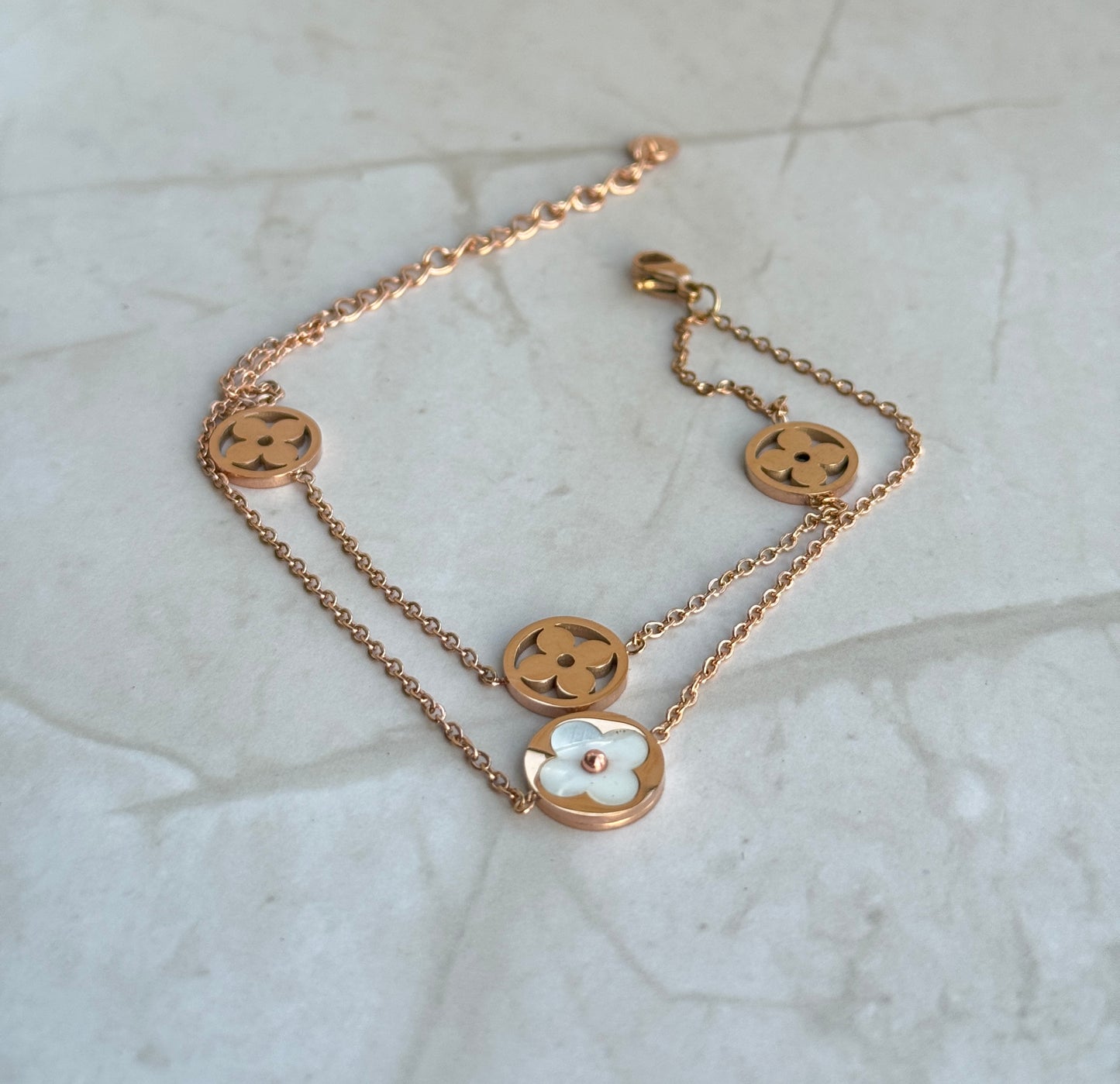 Rose Gold Clover Bracelet – Double Chain with White Enamel & Open Charms