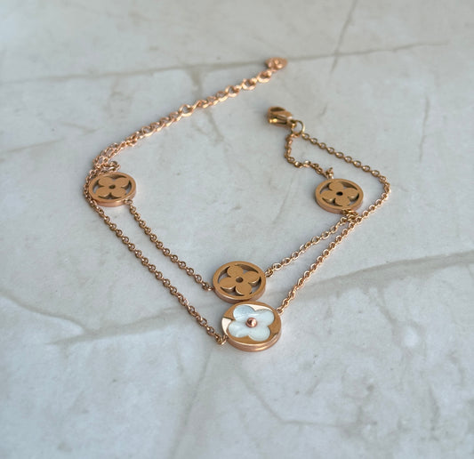 Rose Gold Clover Bracelet – Double Chain with White Enamel & Open Charms
