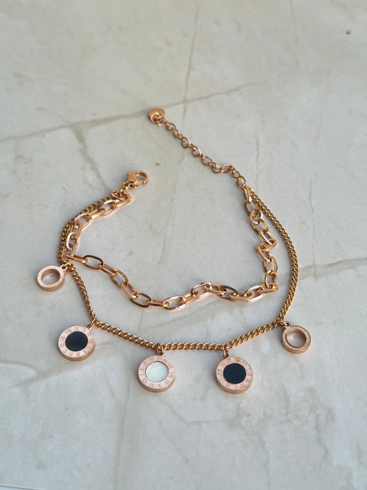 Rose Gold Roman Numeral Bracelet – Double Chain with Black & White Enamel Charms