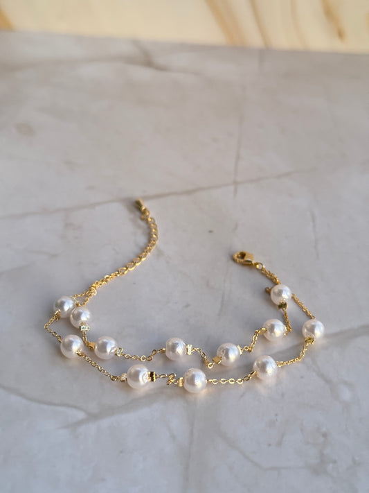 Gold Pearl Bracelet – Double Layer Chain with Dainty Pearls